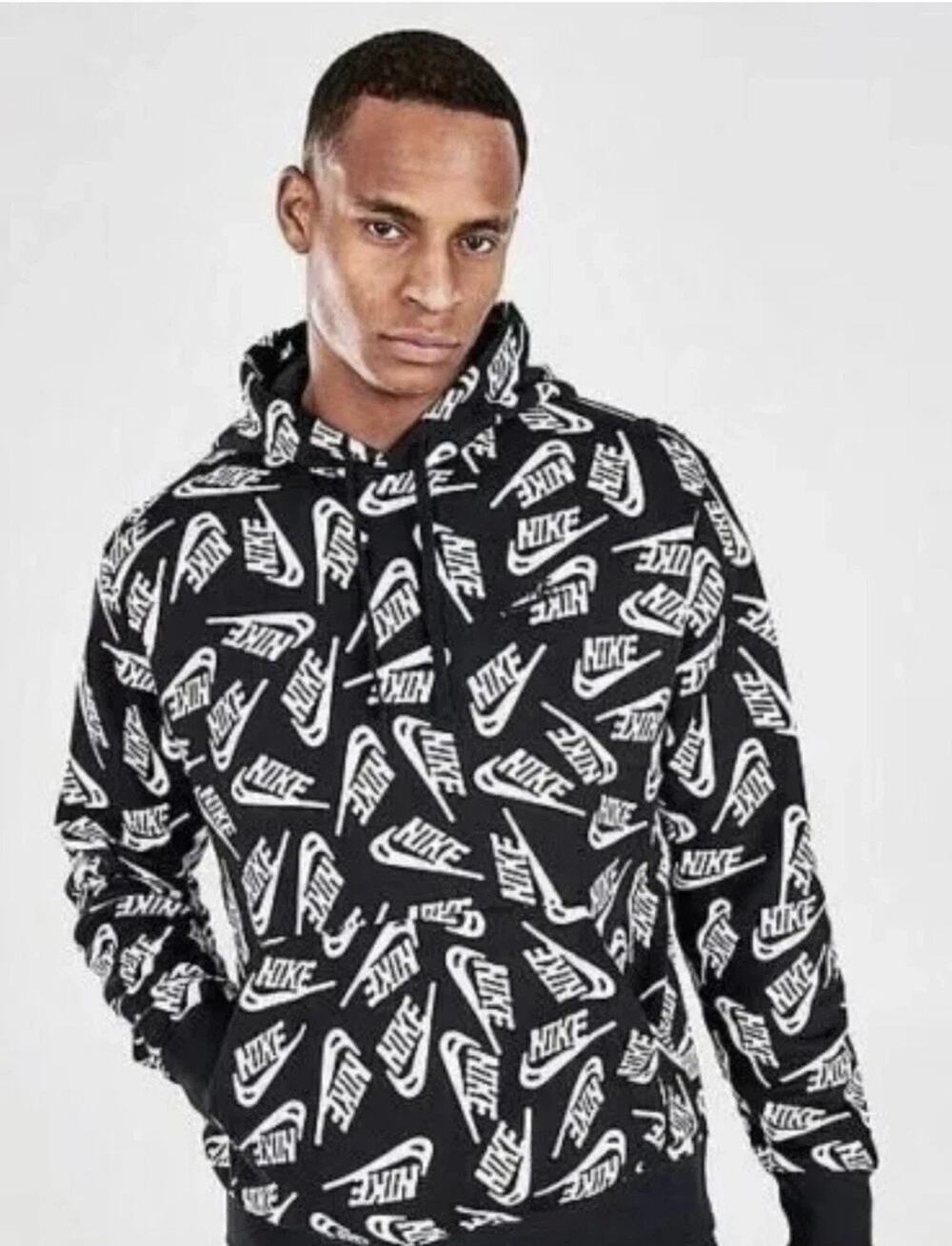 Nike Men's Sport Essentials Allover Print Pullover Hoodie DD4847 010 Black White